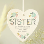 Personalised Sister Floral Wooden Heart Decoration for New Home