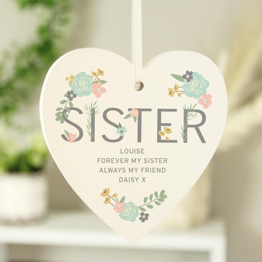 Personalised Sister Floral Wooden Heart Decoration for New Home