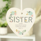 Personalised Sister Floral Wooden Heart Decoration for New Home