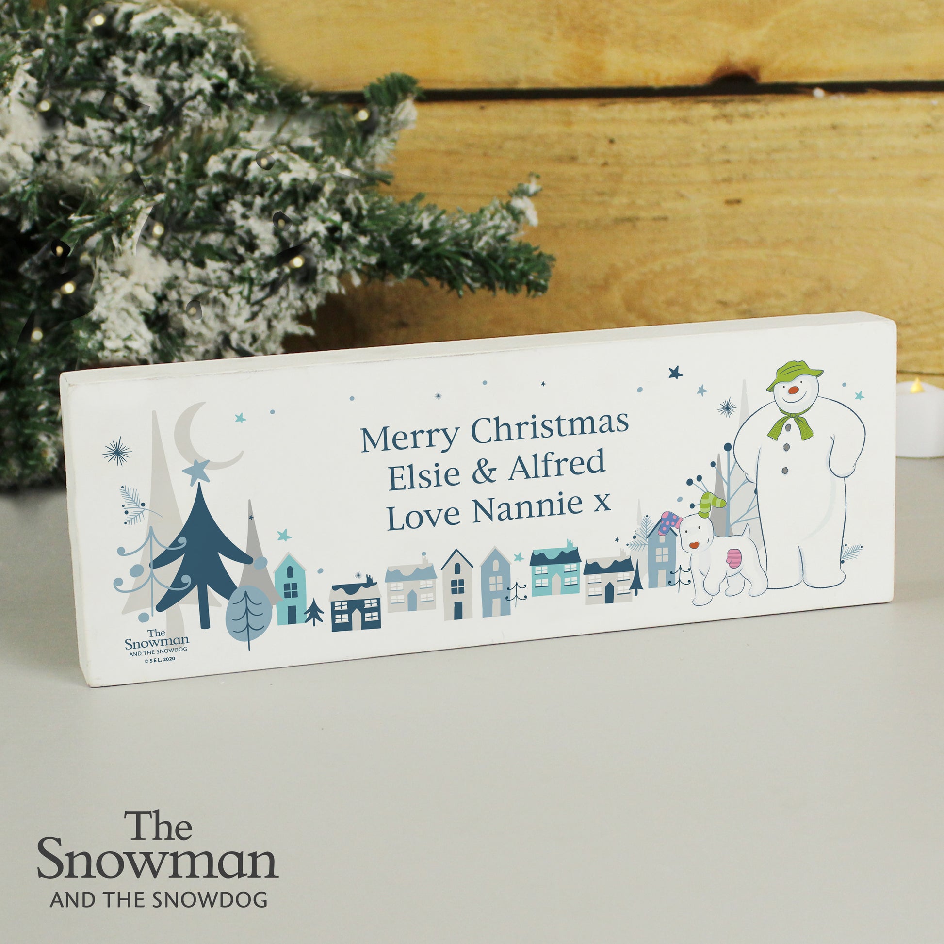 Personalised The Snowman and the Snowdog Wooden Mantel Decoration -  - Inspired Creative Gifts