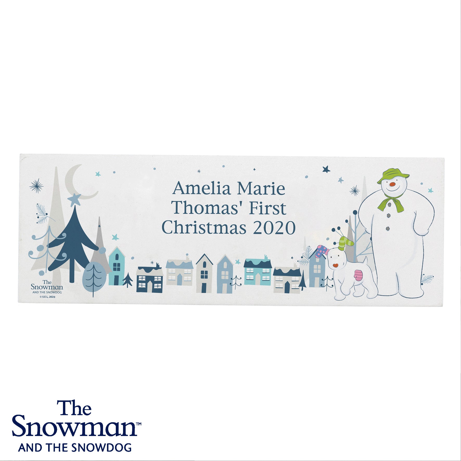 Personalised The Snowman and the Snowdog Wooden Mantel Decoration