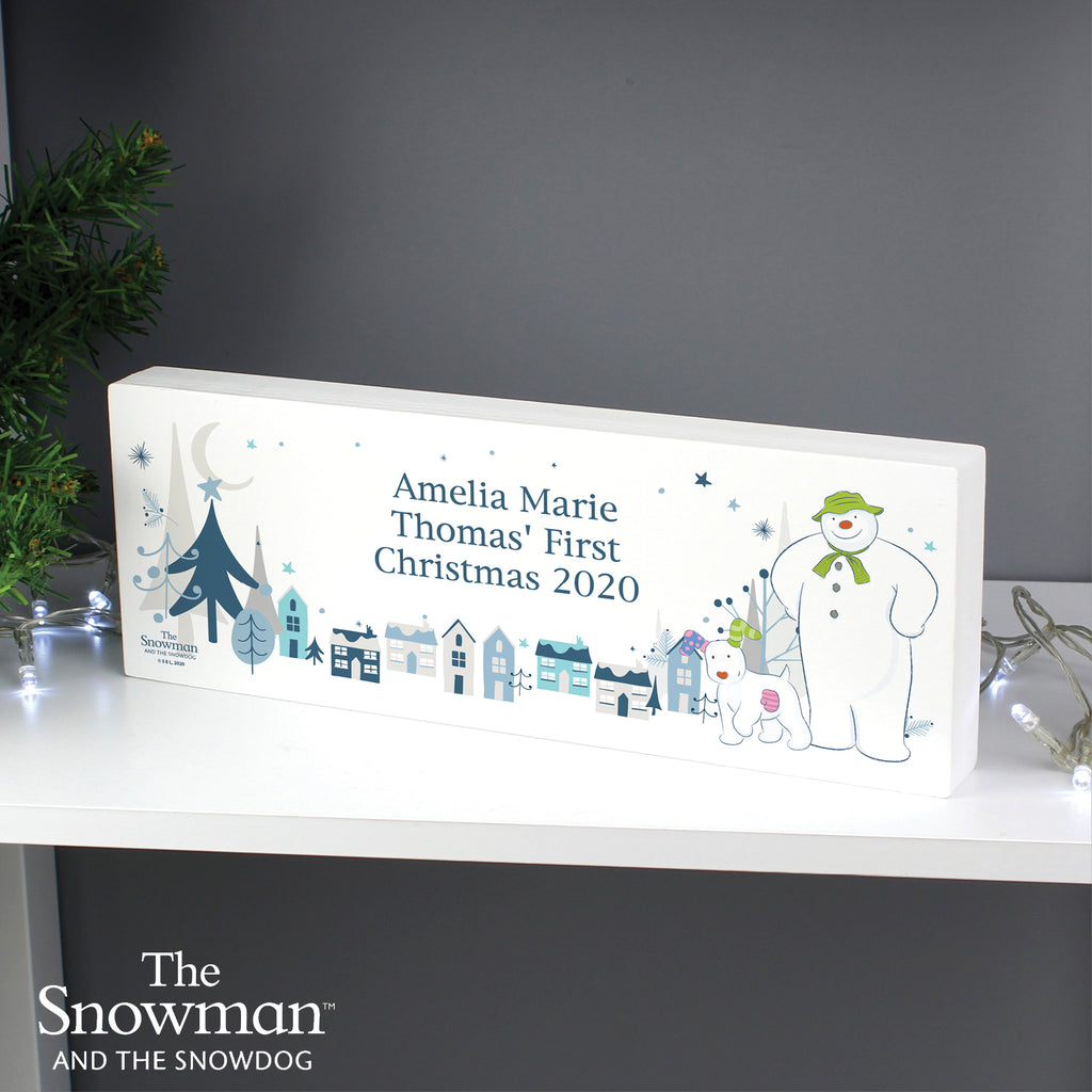 Personalised The Snowman and the Snowdog Wooden Mantel Decoration