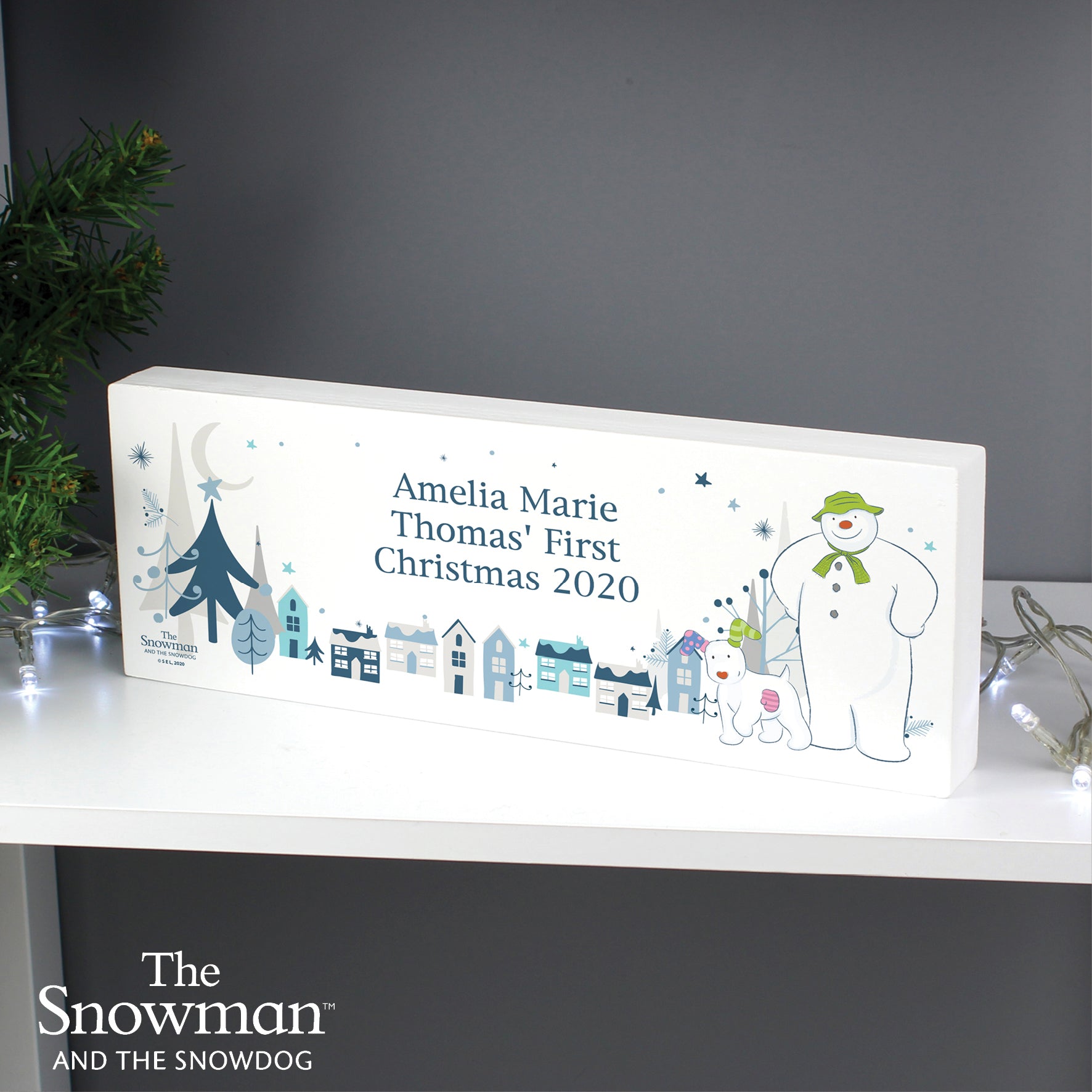 Personalised The Snowman and the Snowdog Wooden Mantel Decoration