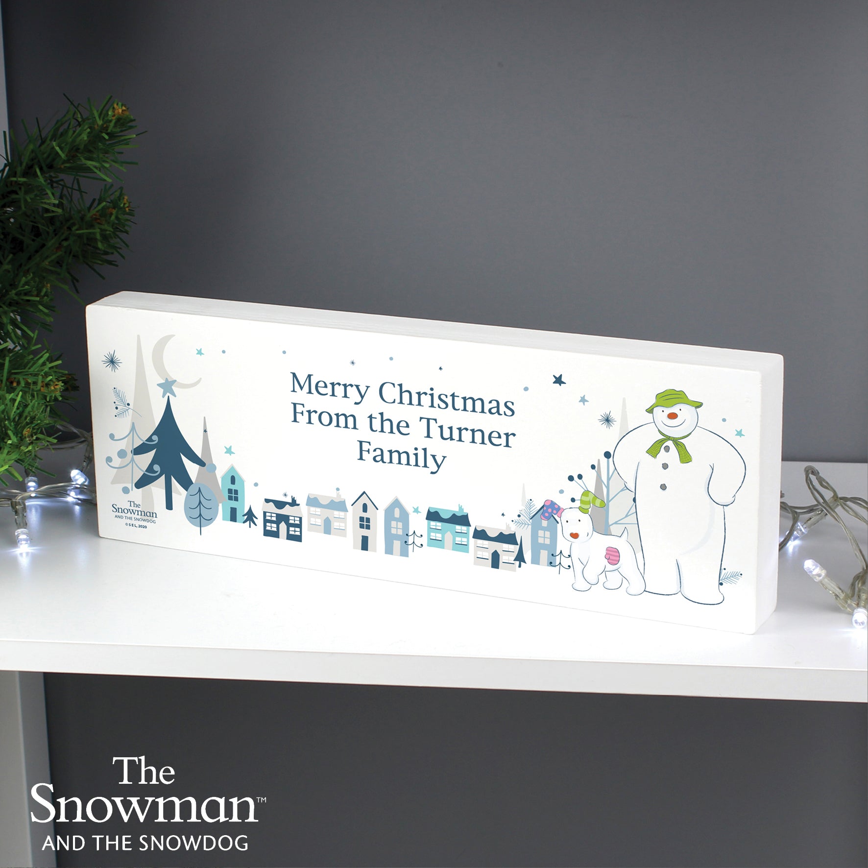 Personalised The Snowman and the Snowdog Wooden Mantel Decoration