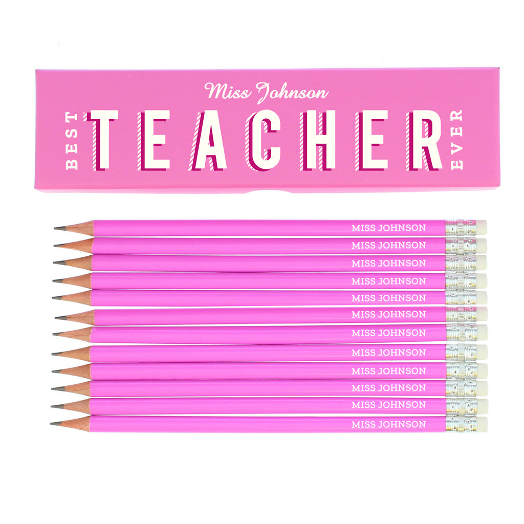 Personalised Best Teacher Ever Box and 12 Pink HB Pencils | Stationery & Pens | Inspired Creative Gifts