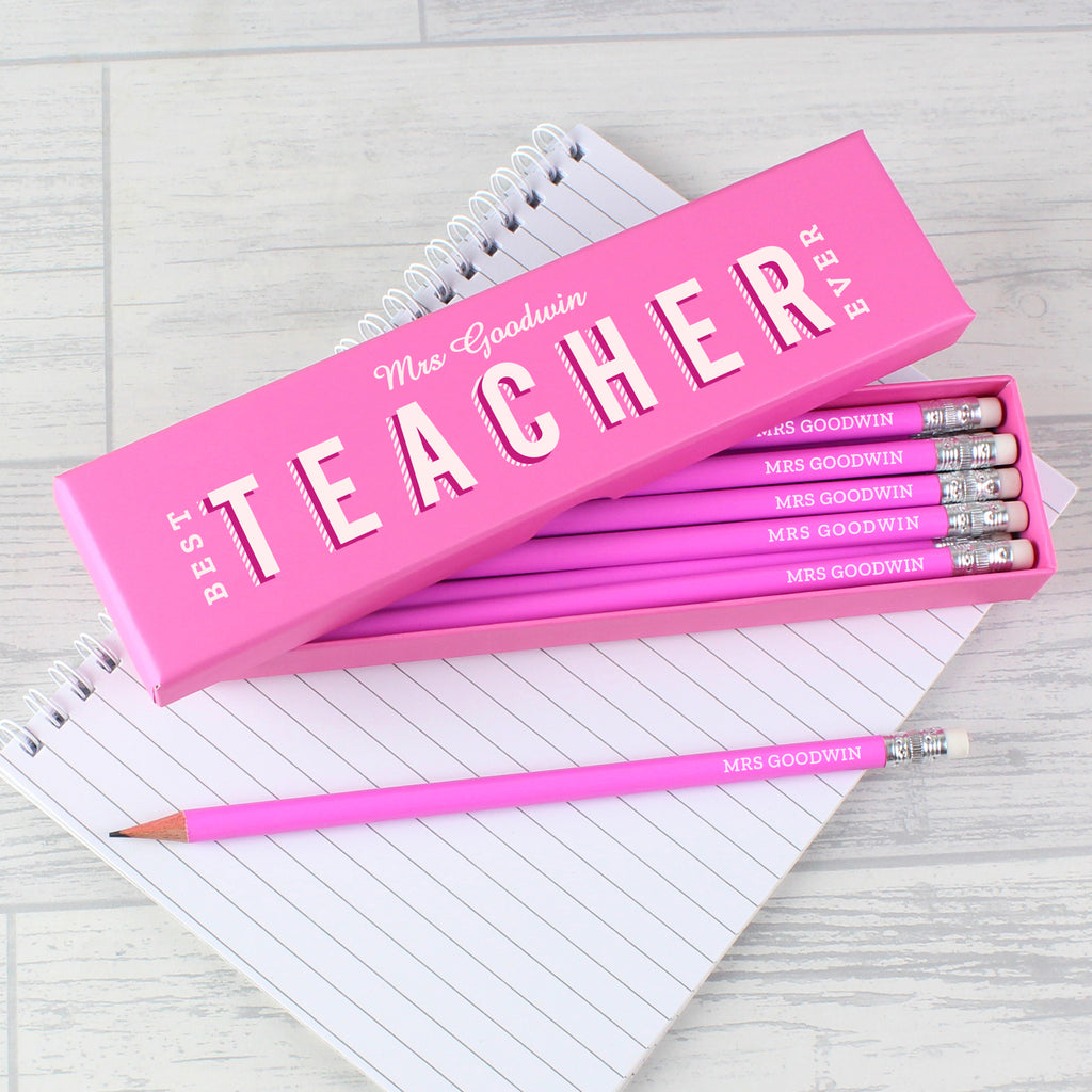 Personalised Best Teacher Ever Box and 12 Pink HB Pencils | Stationery & Pens | Inspired Creative Gifts