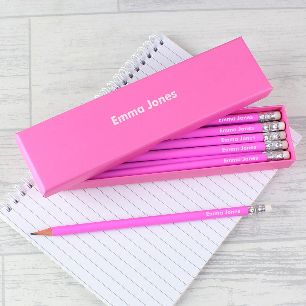 Personalised Name Only Box and 12 Pink HB Pencils for Christmas