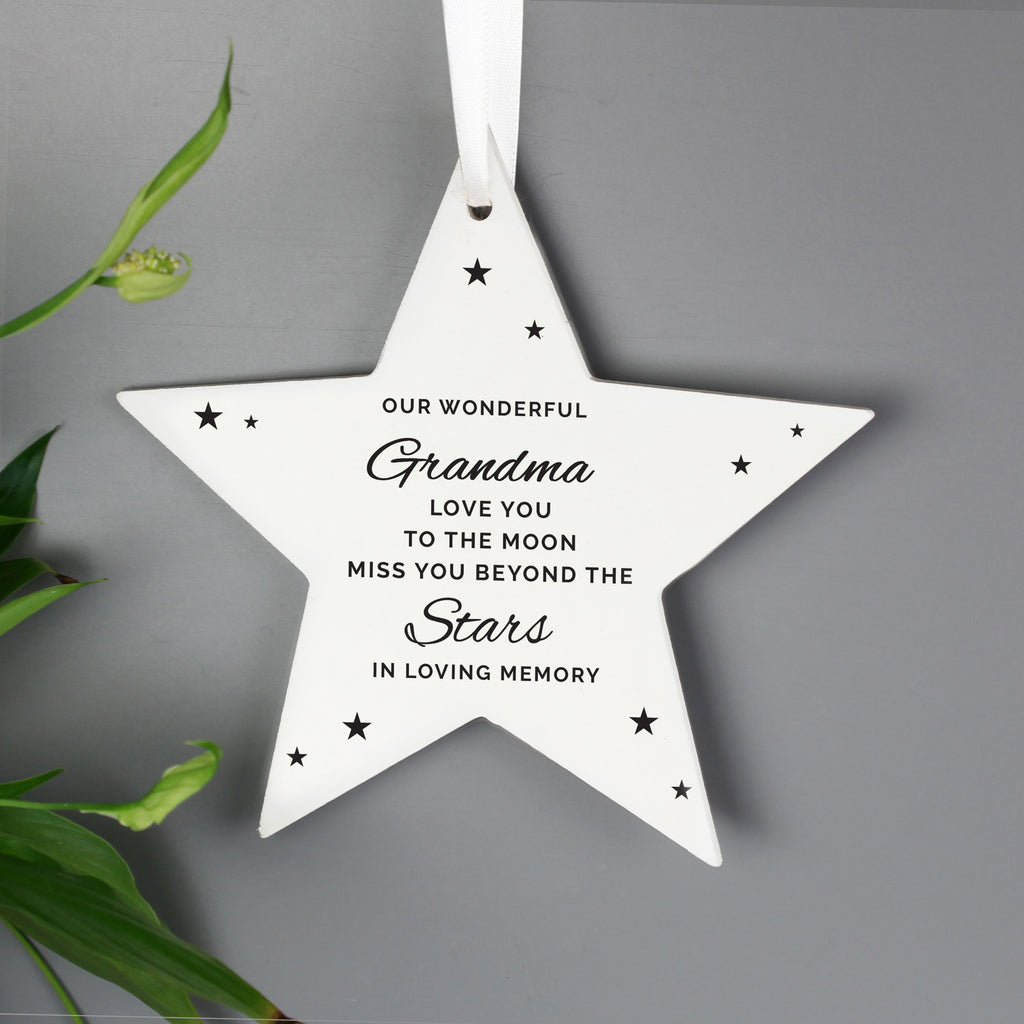 Personalised Miss You Beyond The Stars Wooden Star Decoration for Christmas