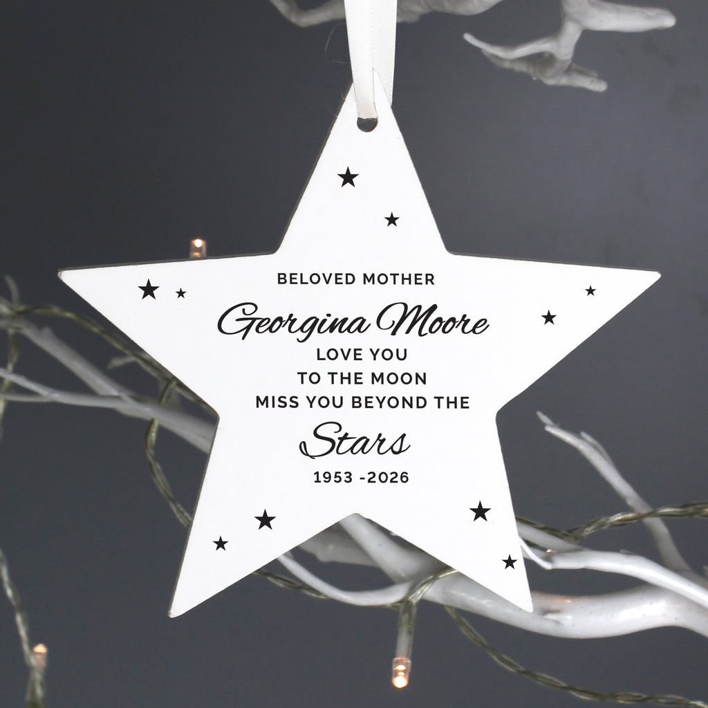 Personalised Miss You Beyond The Stars Wooden Star Decoration for Christmas