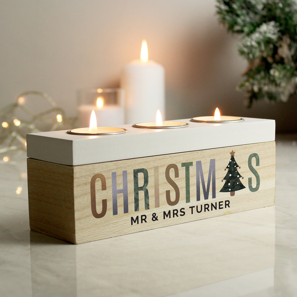 Personalised Christmas Tree Triple Tea Light Box for Christmas