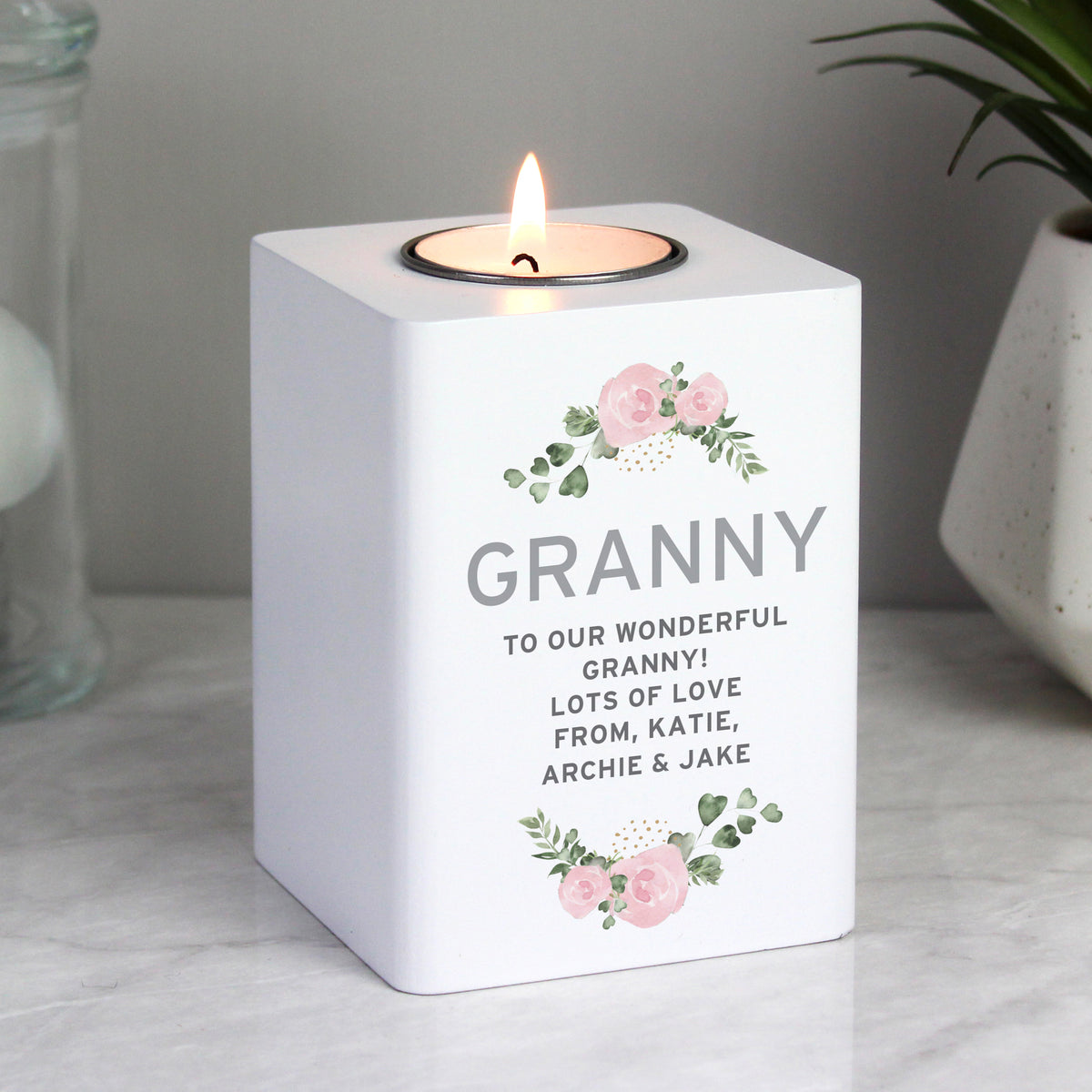 Personalised Abstract Rose White Wooden Tea light Holder | Candles & Reed Diffusers