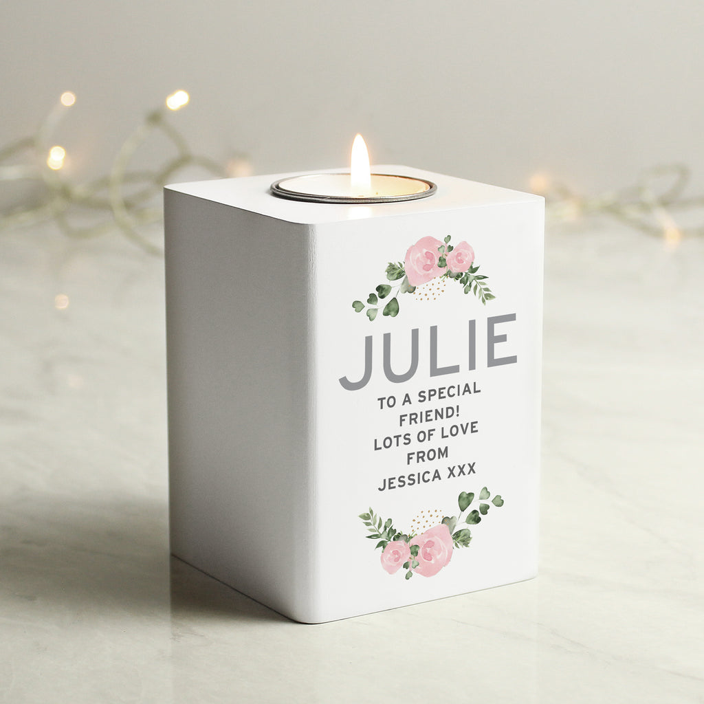 Personalised Abstract Rose White Wooden Tea light Holder | Candles & Reed Diffusers