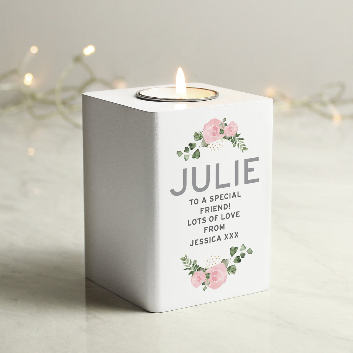Personalised Abstract Rose White Wooden Tea light Holder | Candles & Reed Diffusers