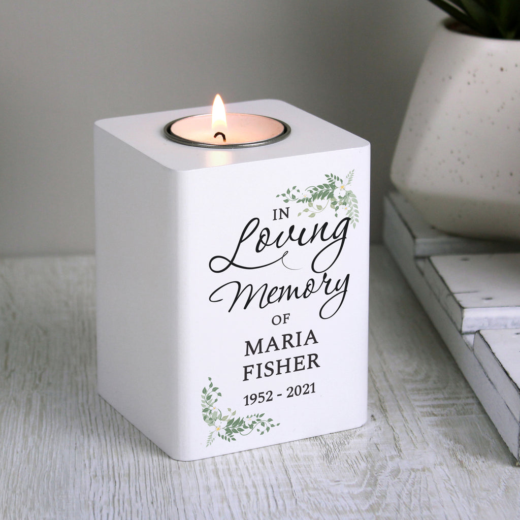 Personalised In Loving Memory White Wooden Tea light Holder for Memorial