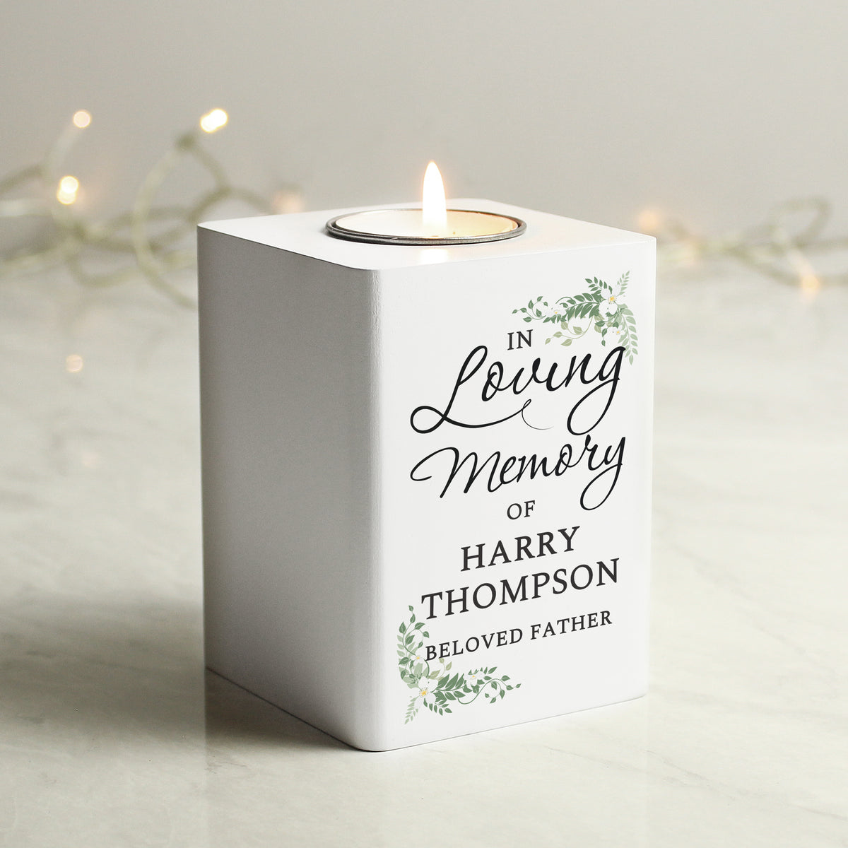 Personalised In Loving Memory White Wooden Tea light Holder for Memorial