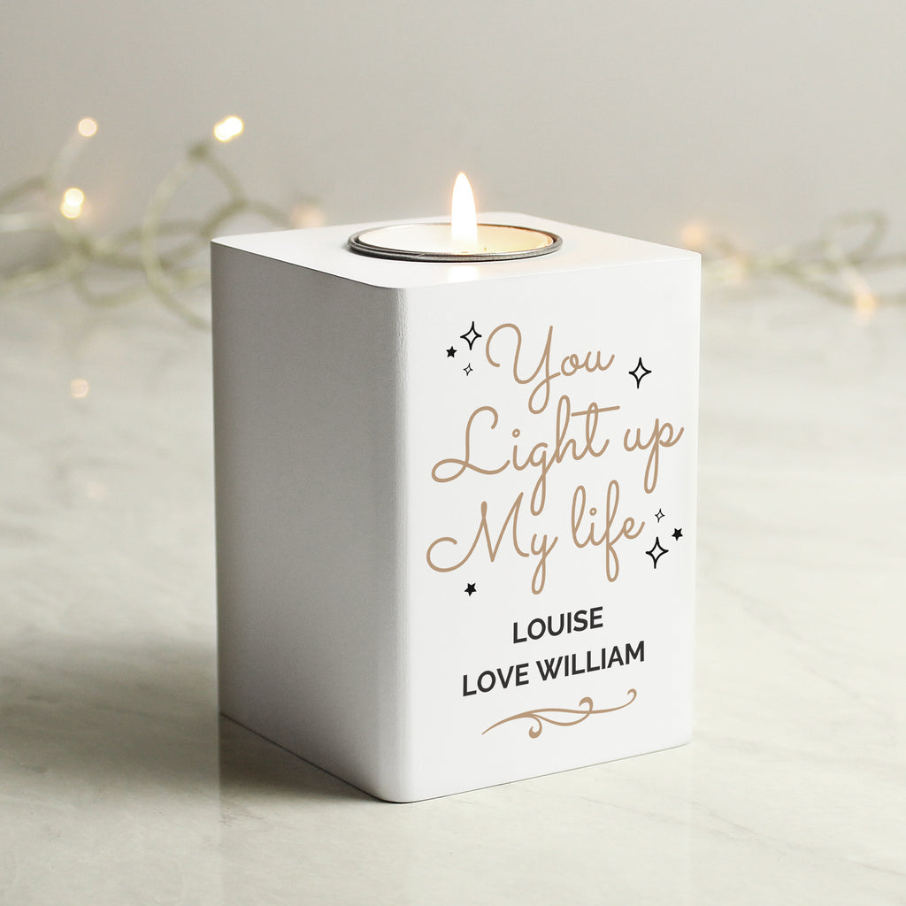 Personalised Light Up My Life White Wooden Tea light Holder | Candles & Reed Diffusers
