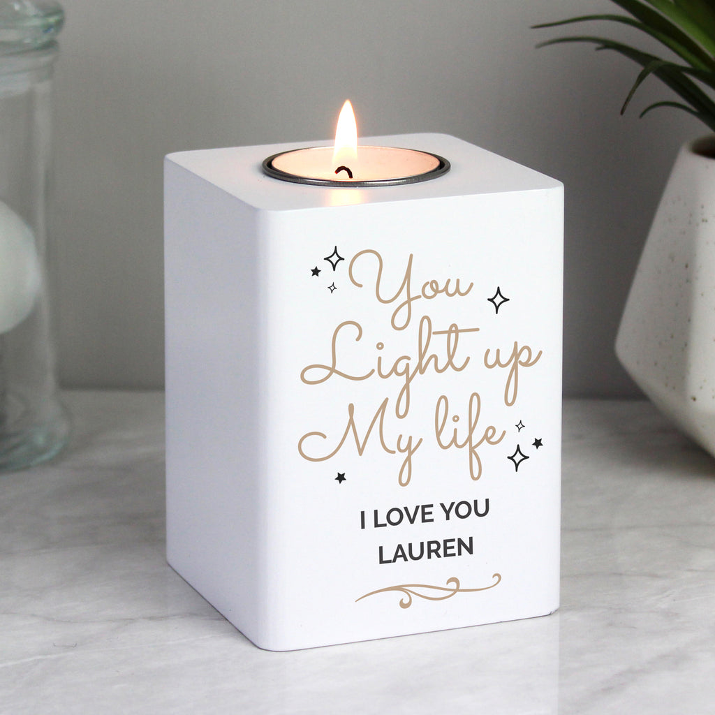 Personalised Light Up My Life White Wooden Tea light Holder | Candles & Reed Diffusers