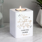 Personalised Light Up My Life White Wooden Tea light Holder | Candles & Reed Diffusers