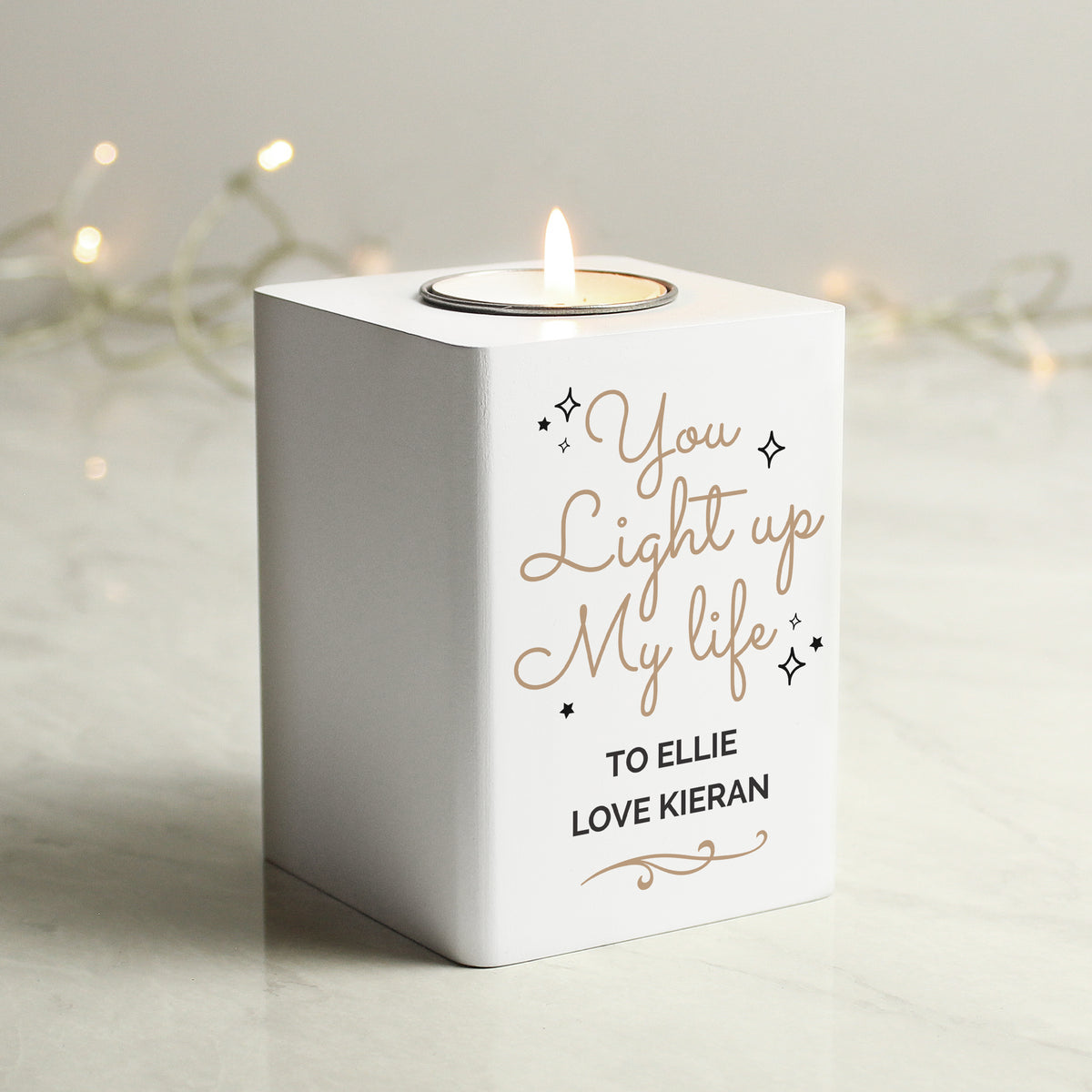 Personalised Light Up My Life White Wooden Tea light Holder | Candles & Reed Diffusers
