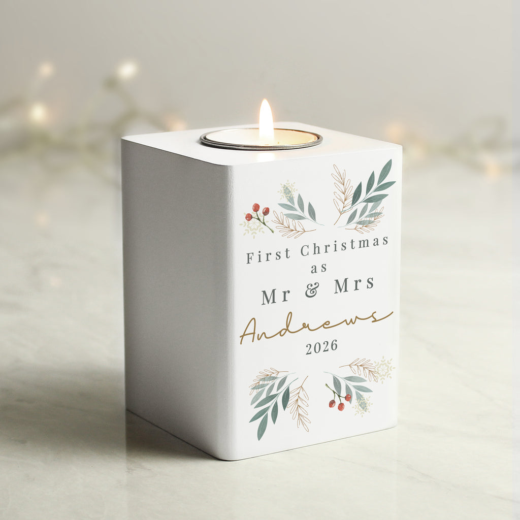 Personalised Christmas Foliage White Tealight Holder | Candles & Reed Diffusers | Christmas Gift