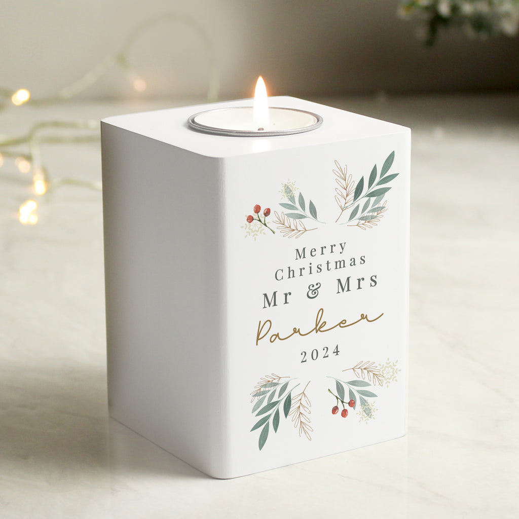 Personalised Christmas Foliage White Tealight Holder | Candles & Reed Diffusers | Christmas Gift
