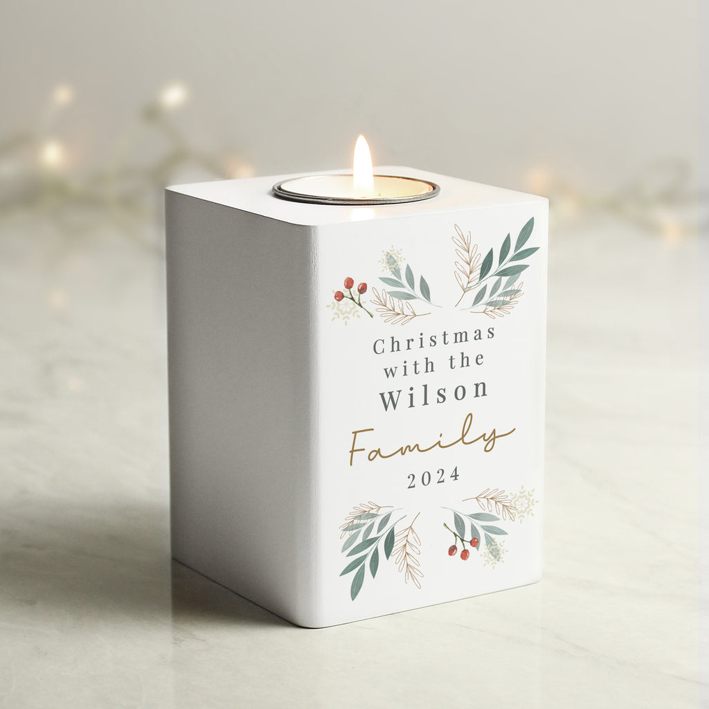 Personalised Christmas Foliage White Tealight Holder | Candles & Reed Diffusers | Christmas Gift