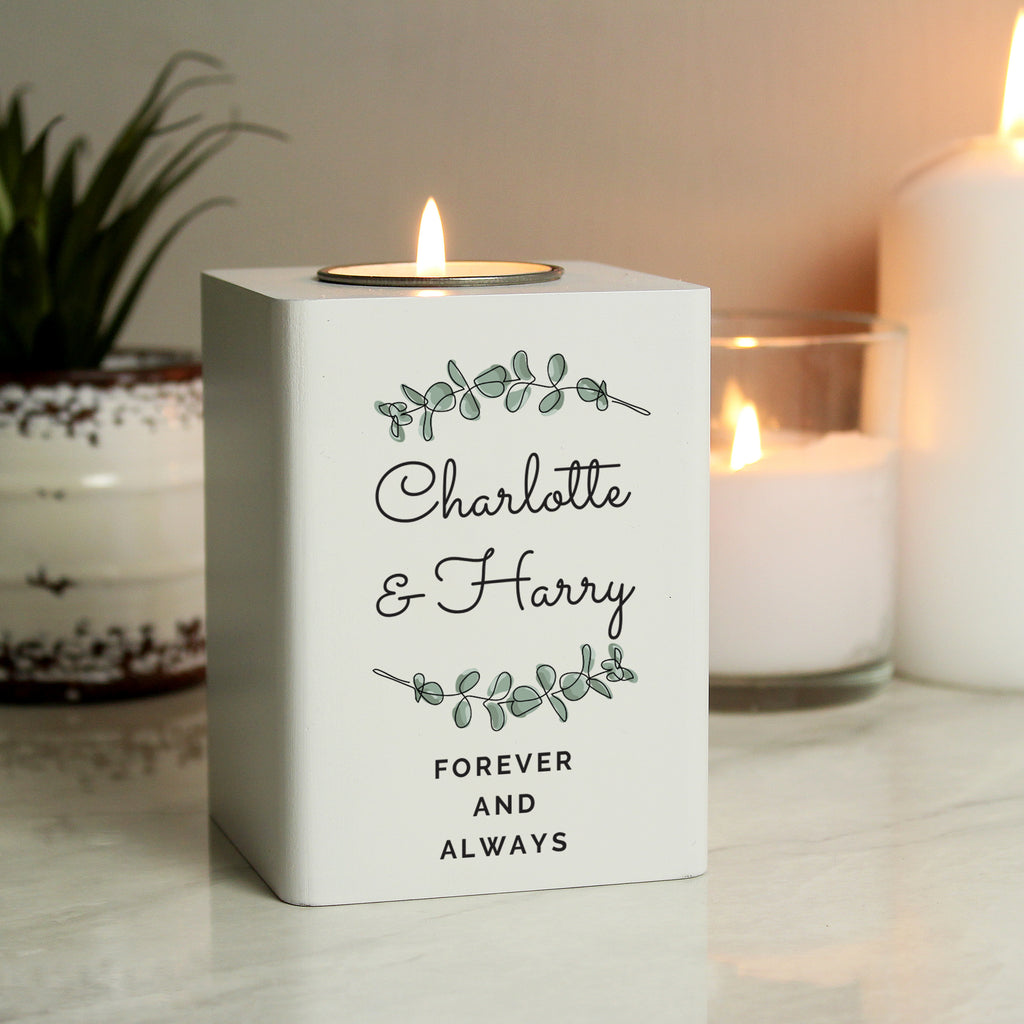Personalised Botanical White Wooden Tea light Holder | Candles & Reed Diffusers