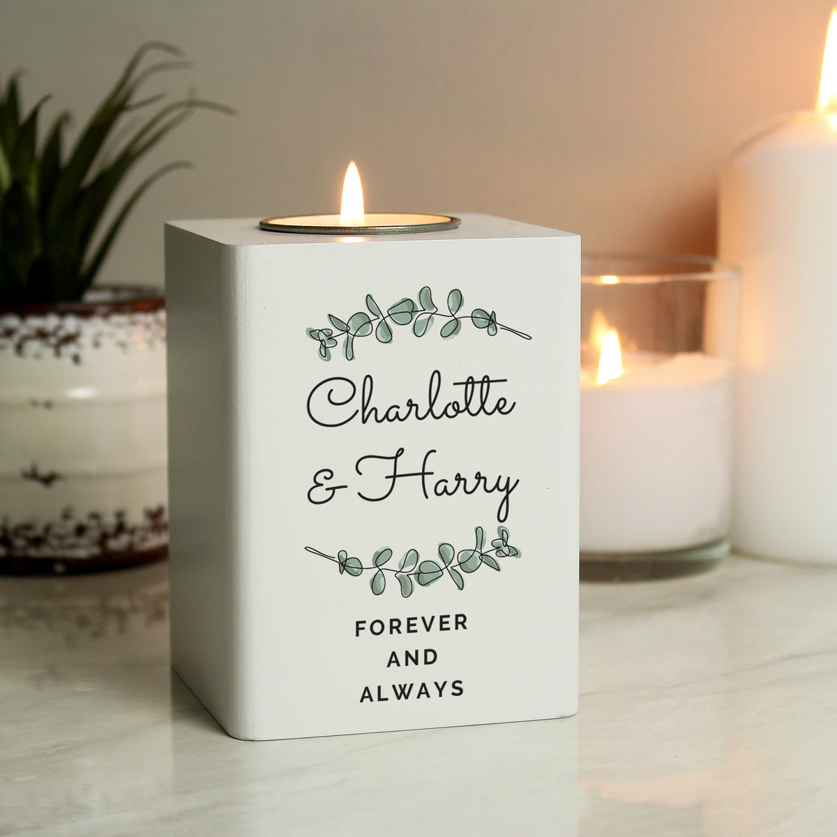 Personalised Botanical White Wooden Tea light Holder | Candles & Reed Diffusers