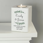 Personalised Botanical White Wooden Tea light Holder | Candles & Reed Diffusers