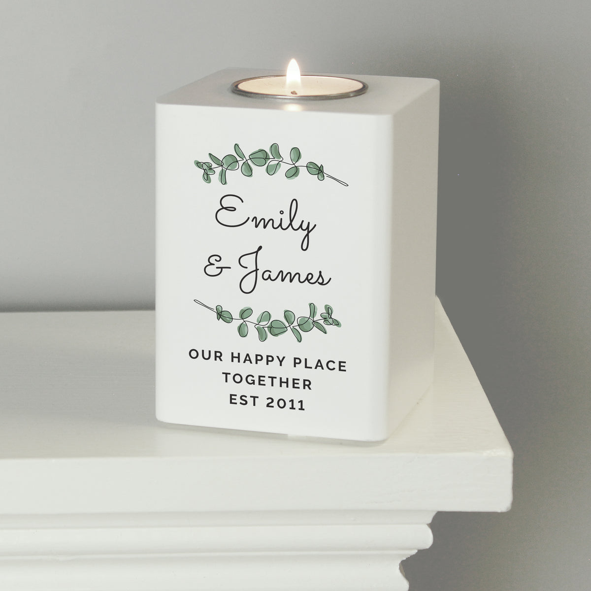 Personalised Botanical White Wooden Tea light Holder | Candles & Reed Diffusers
