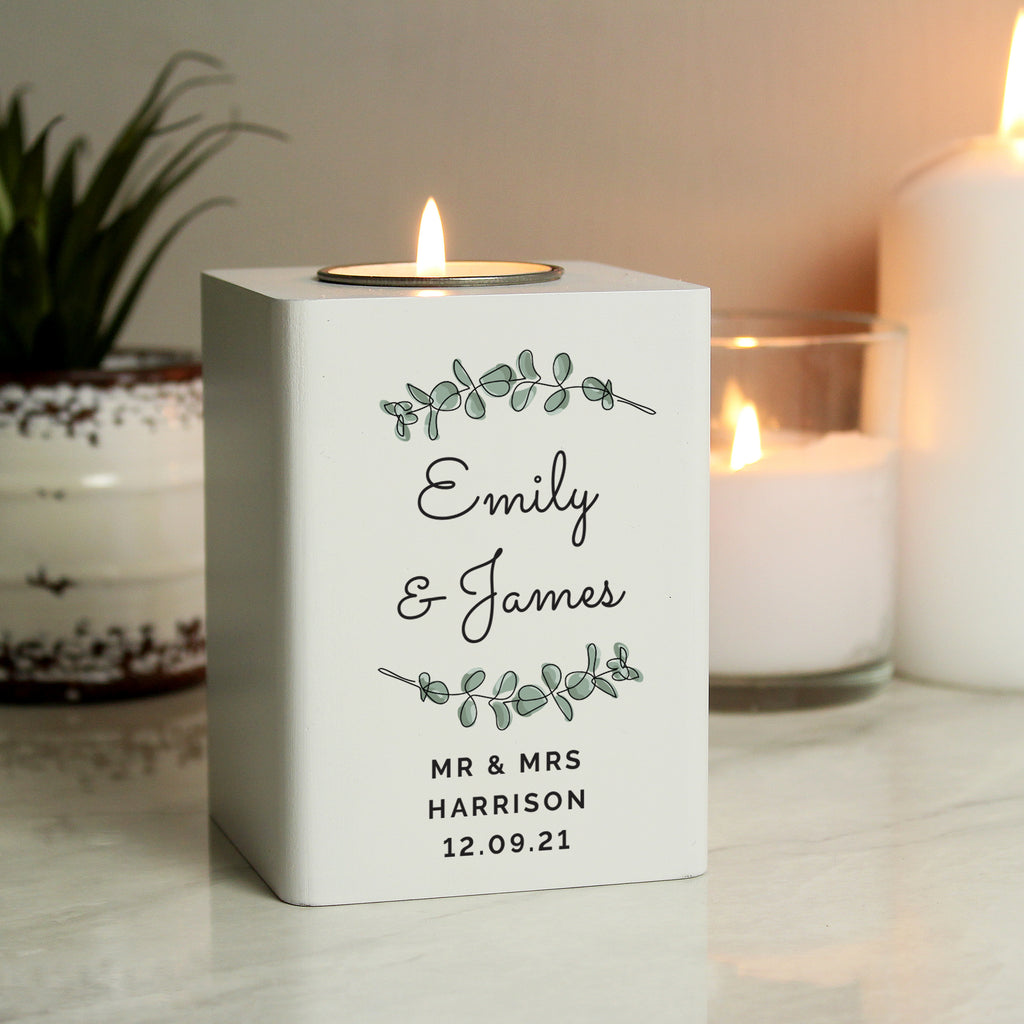 Personalised Botanical White Wooden Tea light Holder | Candles & Reed Diffusers