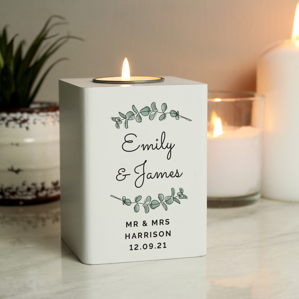 Personalised Botanical White Wooden Tea light Holder | Candles & Reed Diffusers