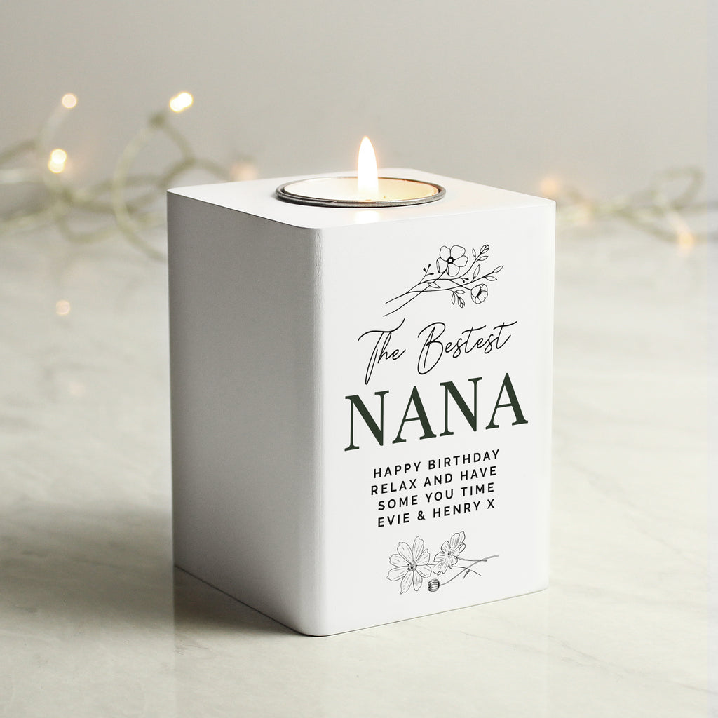Personalised Floral White Wooden Tea light Holder | Candles & Reed Diffusers | Inspired Creative Gifts