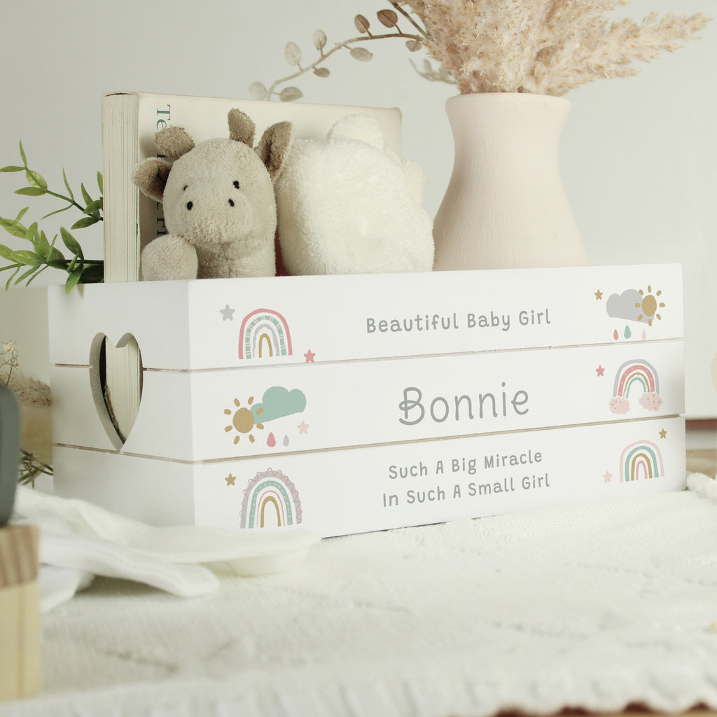 Personalised Pastel Rainbow White Wooden Crate | Storage | Inspired Creative Gifts