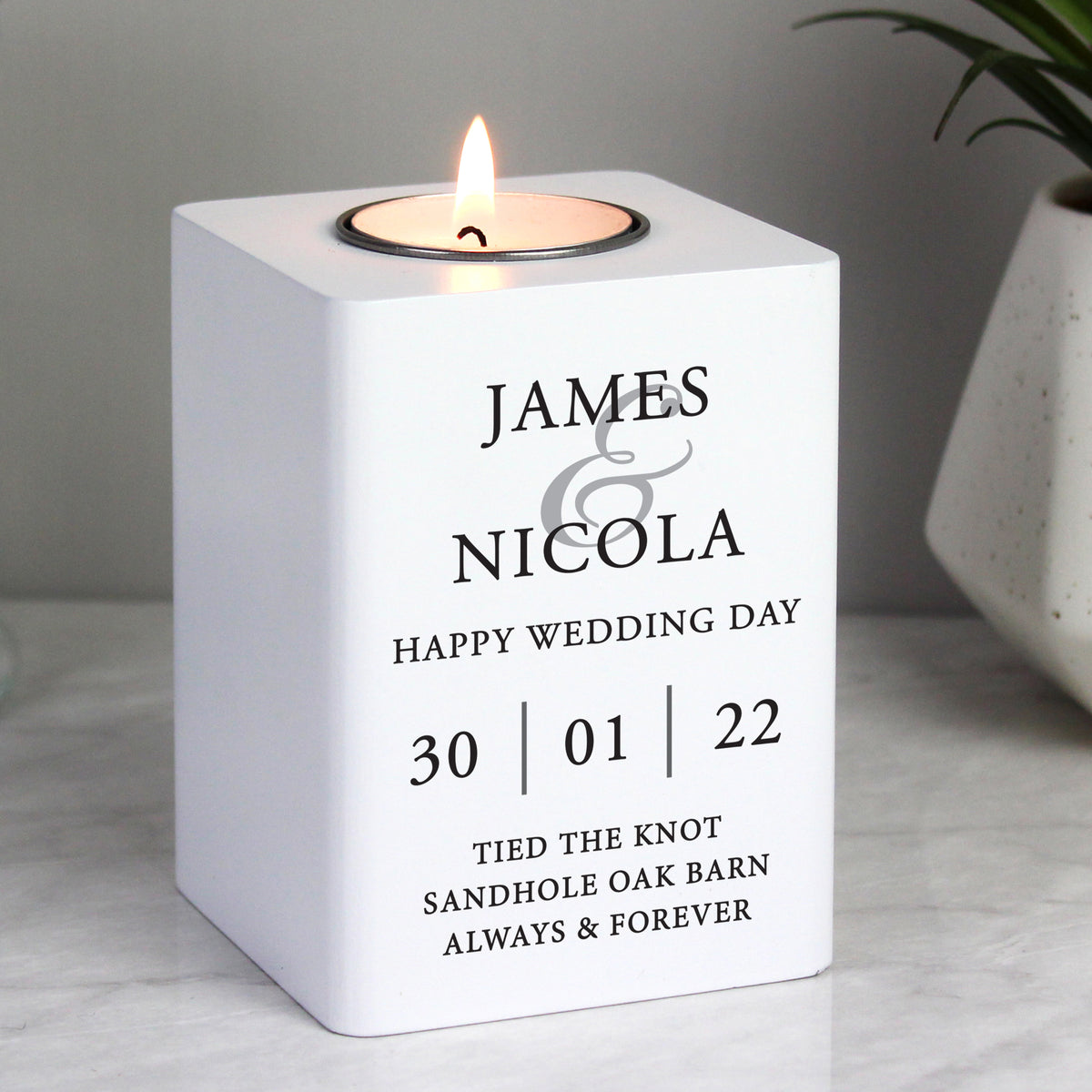 Personalised Couples White Wooden Tea light Holder | Candles & Reed Diffusers