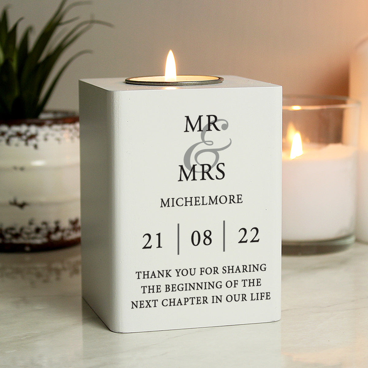 Personalised Couples White Wooden Tea light Holder | Candles & Reed Diffusers