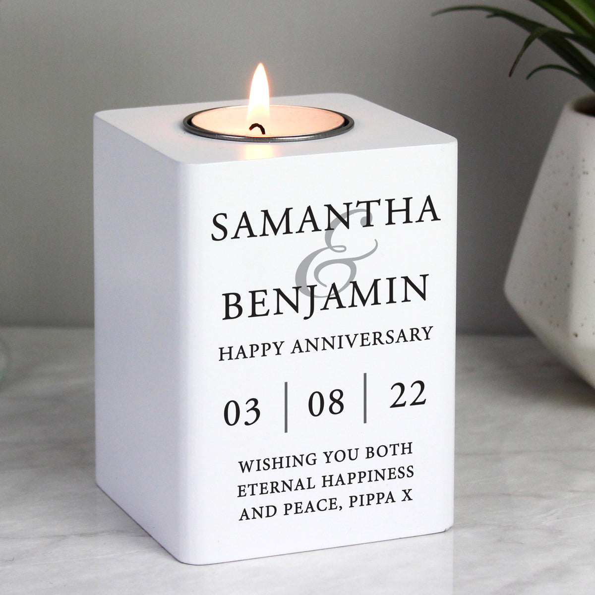 Personalised Couples White Wooden Tea light Holder | Candles & Reed Diffusers