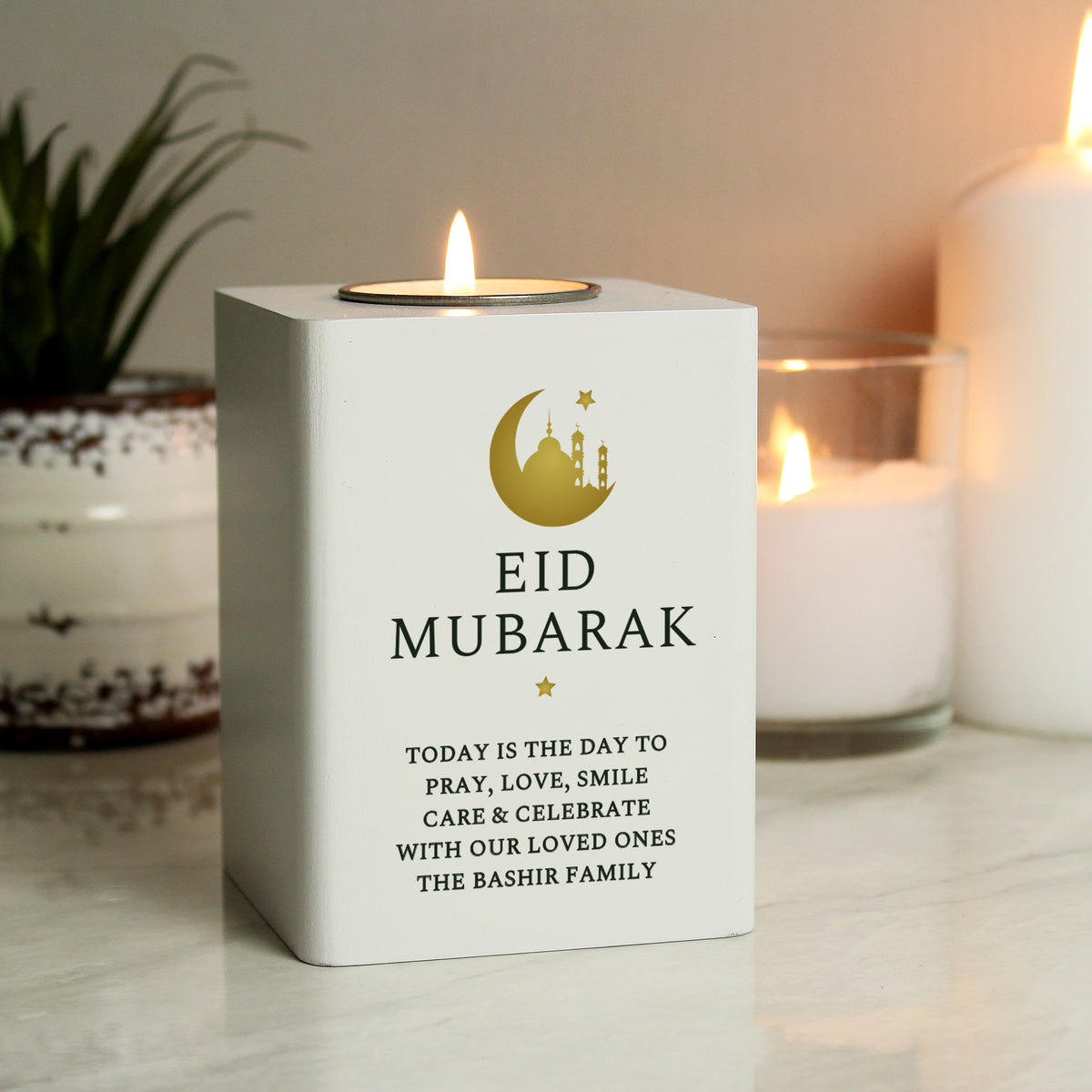 Personalised Eid and Ramadan White Wooden Tea light Holder | Candles & Reed Diffusers