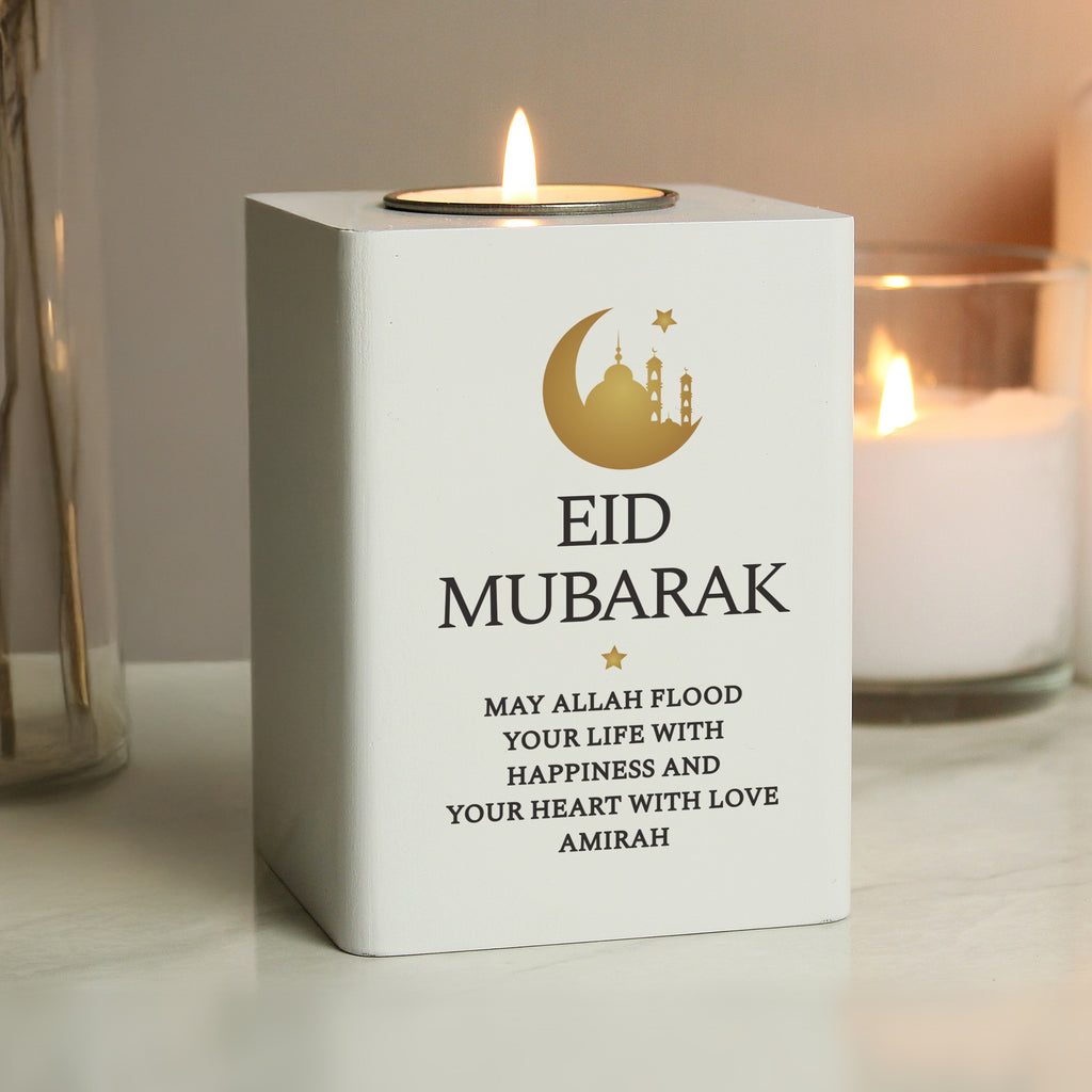 Personalised Eid and Ramadan White Wooden Tea light Holder | Candles & Reed Diffusers