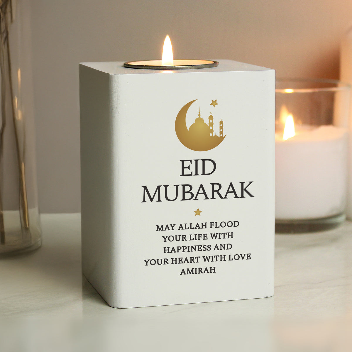 Personalised Eid and Ramadan White Wooden Tea light Holder | Candles & Reed Diffusers