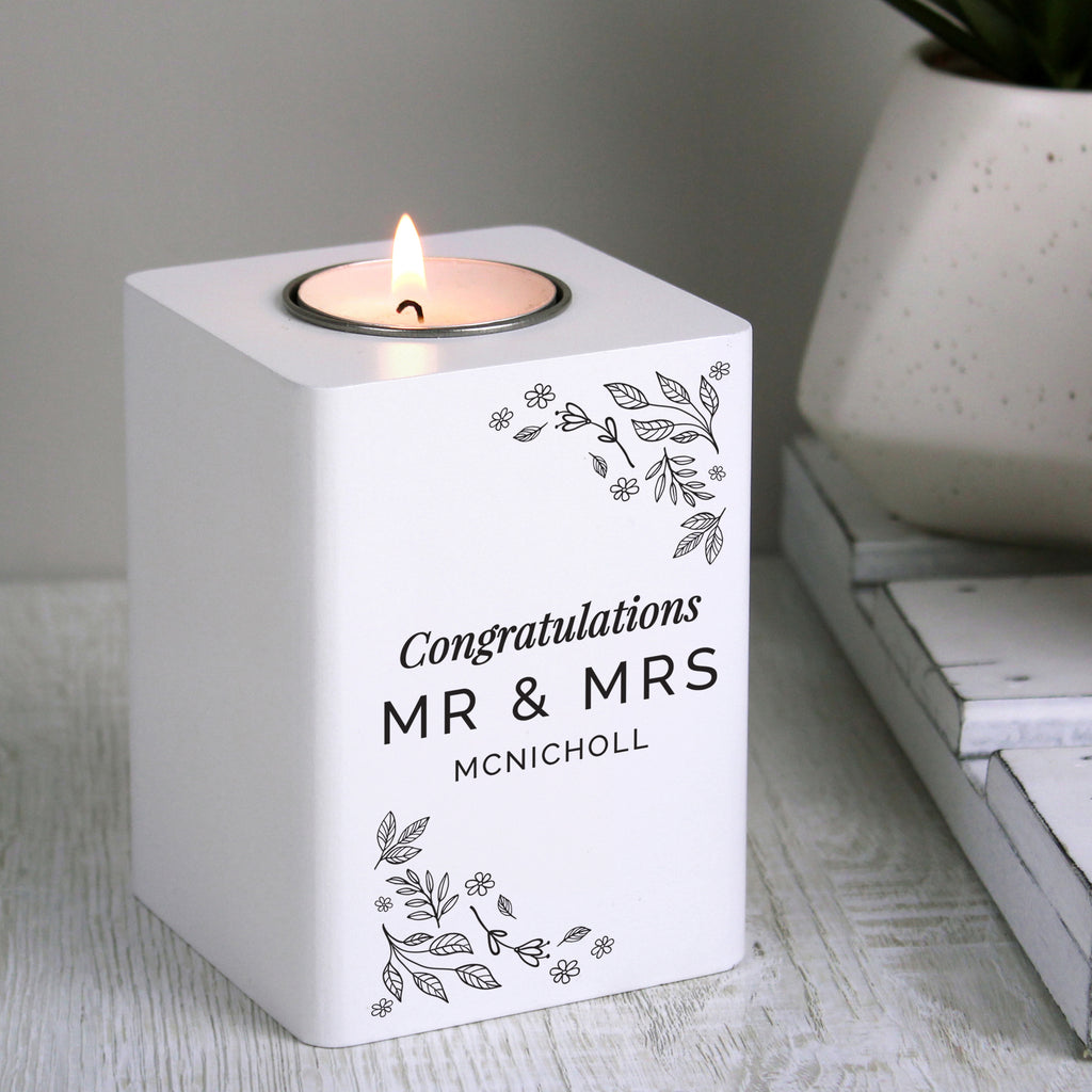 Personalised Floral Leaf White Wooden Tea Light Holder | Gift for Her