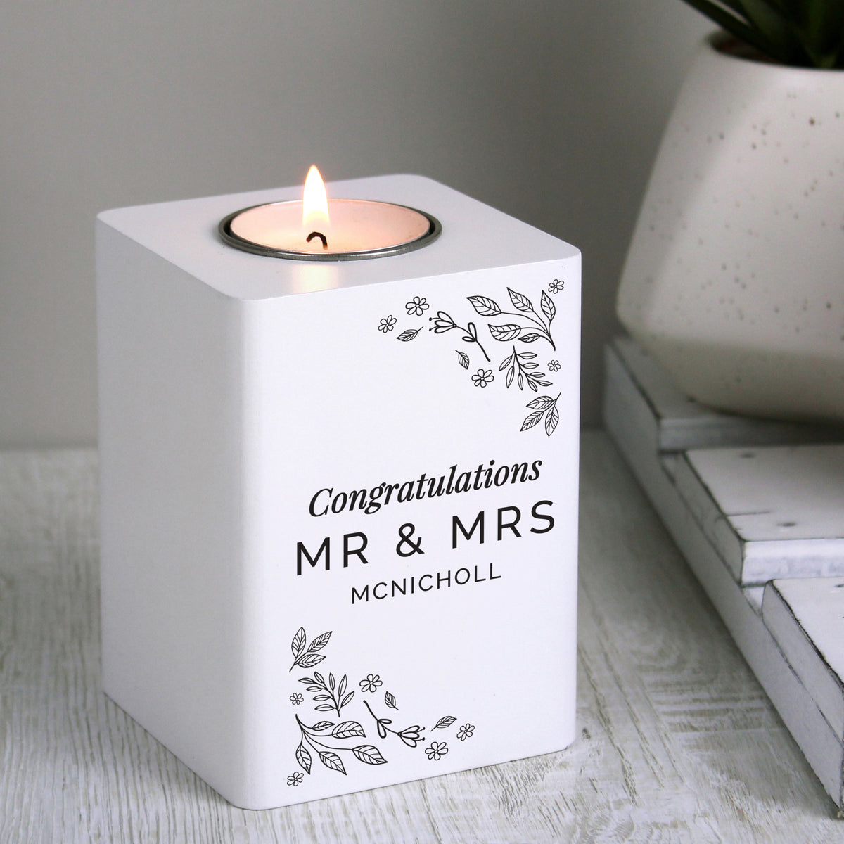 Personalised Floral Leaf White Wooden Tea Light Holder | Gift for Her