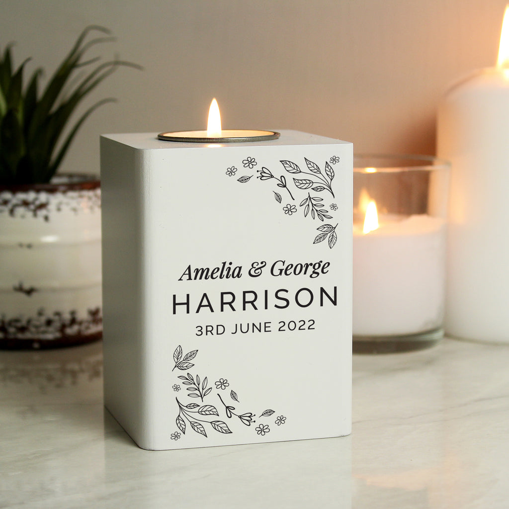 Personalised Floral Leaf White Wooden Tea Light Holder | Gift for Her