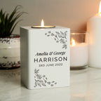 Personalised Floral Leaf White Wooden Tea Light Holder | Gift for Her