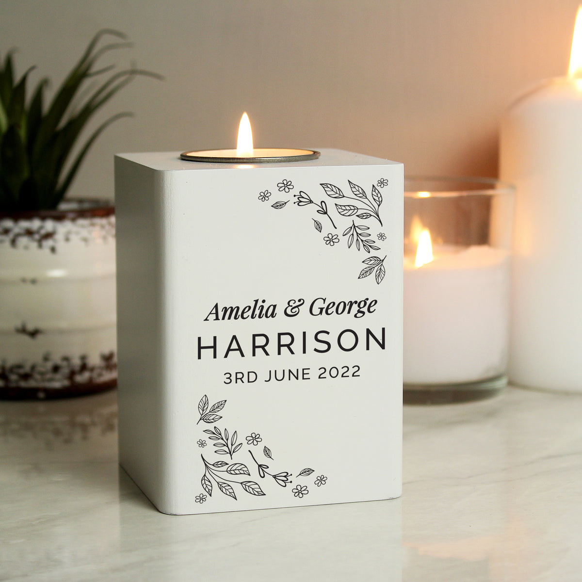 Personalised Floral Leaf White Wooden Tea Light Holder | Gift for Her