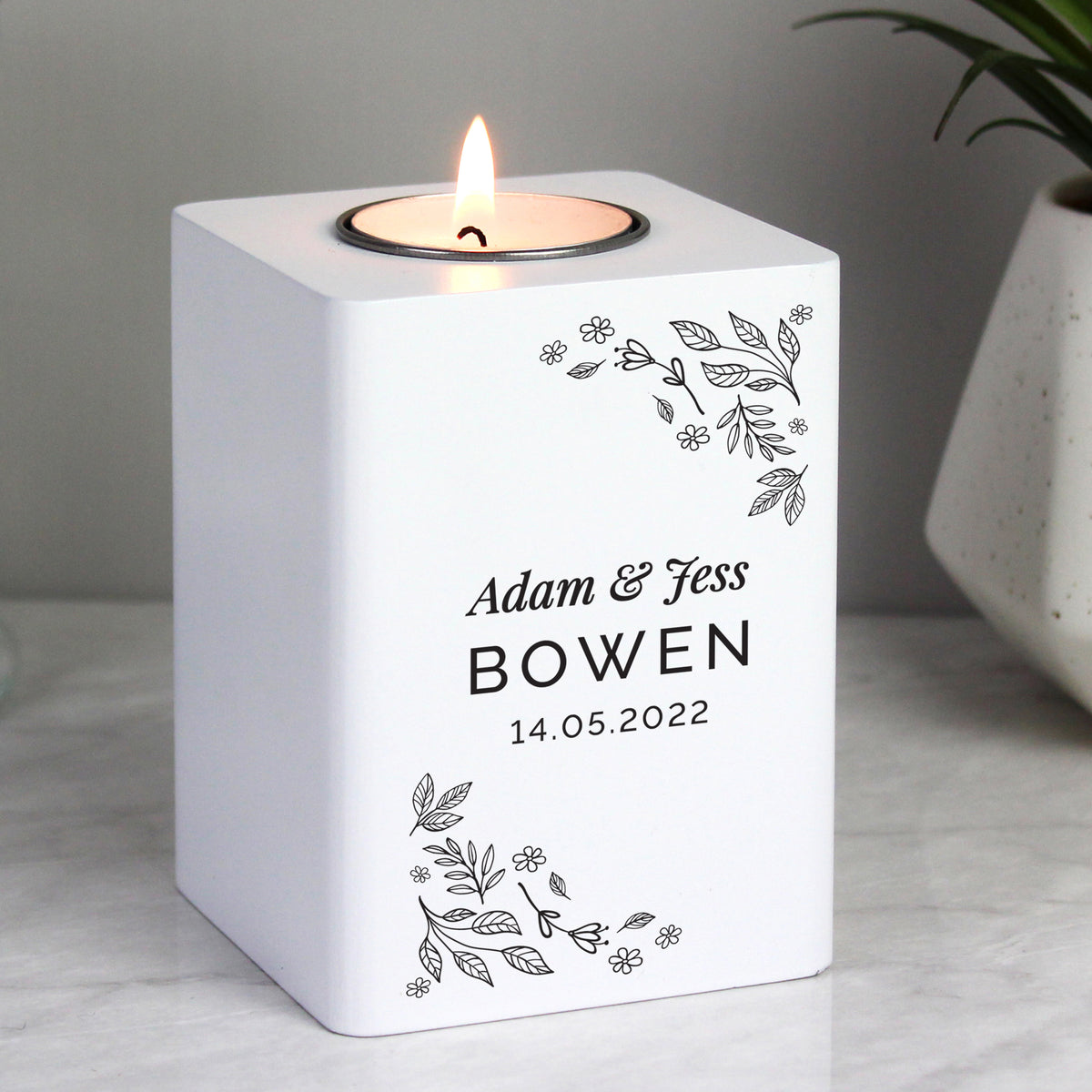 Personalised Floral Leaf White Wooden Tea Light Holder | Gift for Her