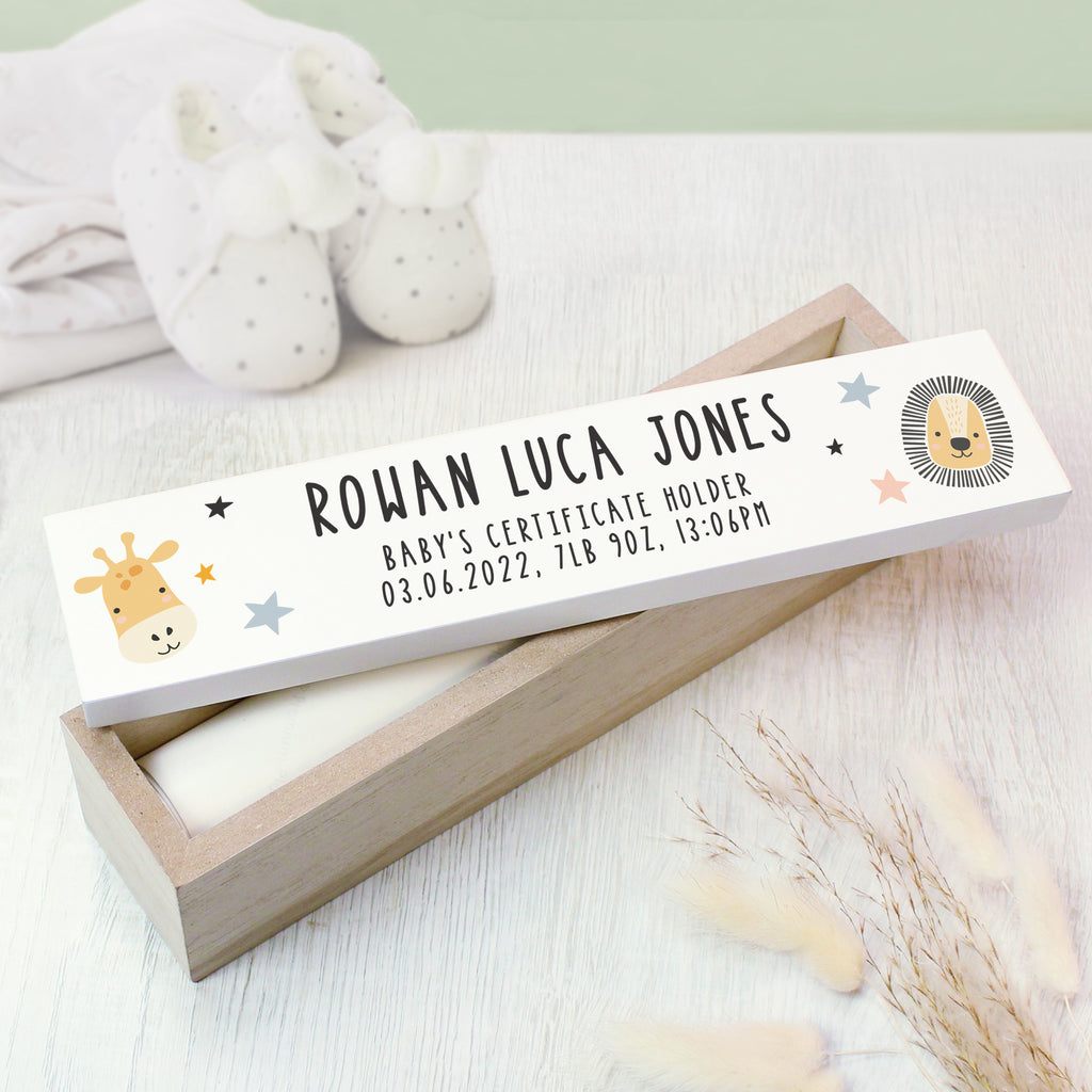 Personalised Scandi Safari Animals Wooden Birth Certificate Holder | Keepsakes | Inspired Creative Gifts