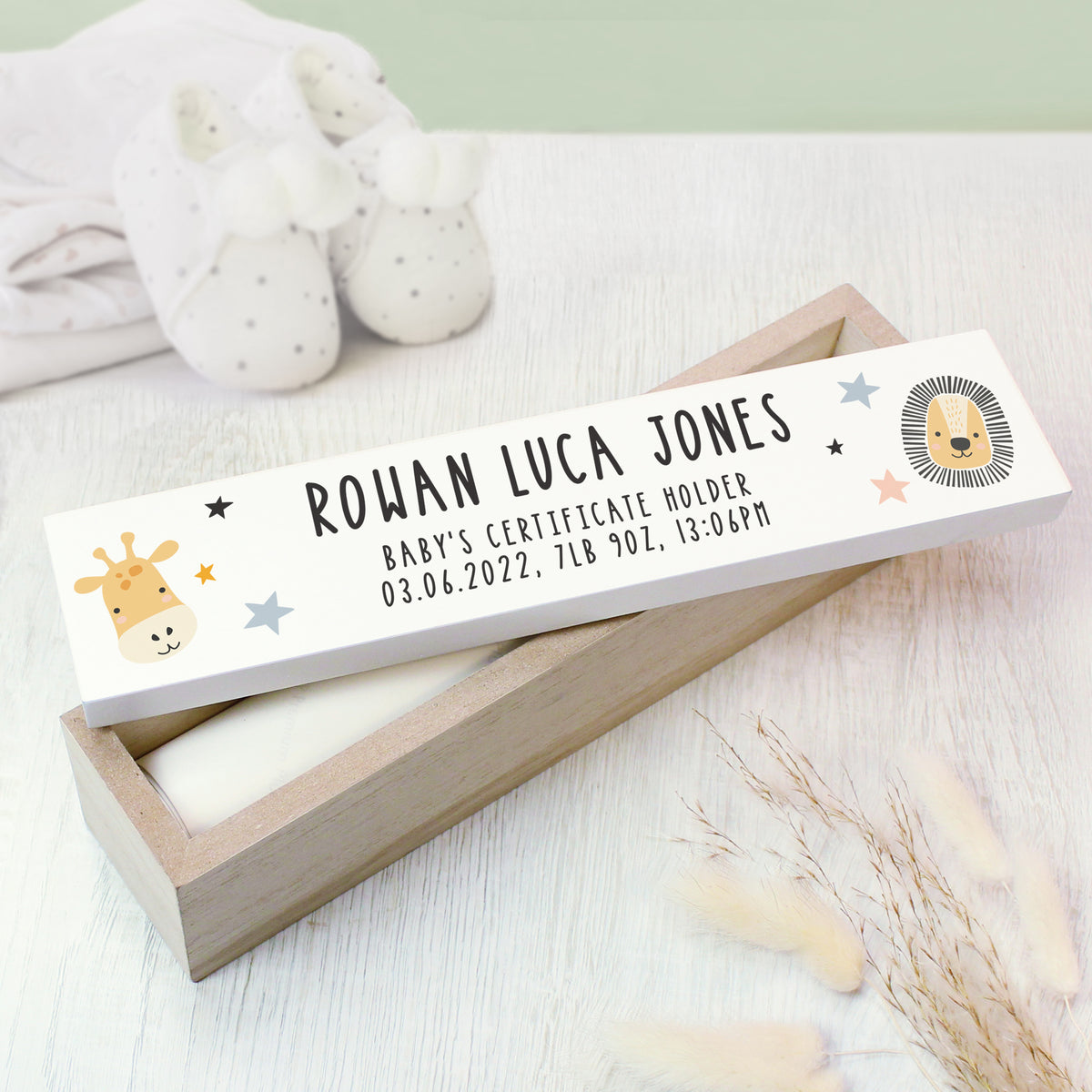 Personalised Scandi Safari Animals Wooden Birth Certificate Holder | Keepsakes | Inspired Creative Gifts