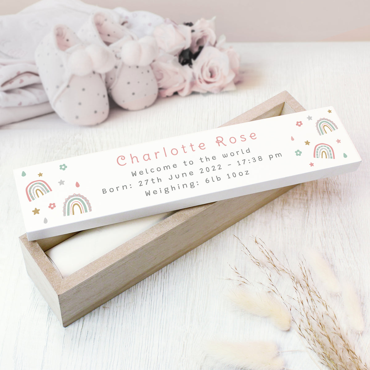 Personalised Rainbow Wooden Birth Certificate Holder | Keepsakes | Inspired Creative Gifts