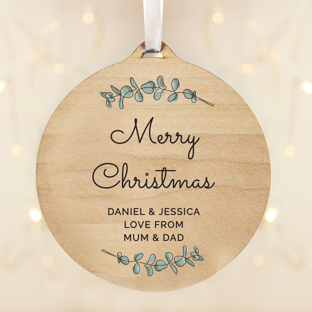 Personalised Botanical Round Wooden Decoration for Christmas